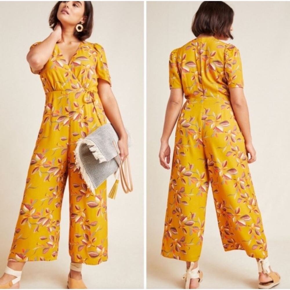 Anthropologie Greylin Mustard Floral Tie Waist Wide Leg V-Neck Jumpsuit Size M